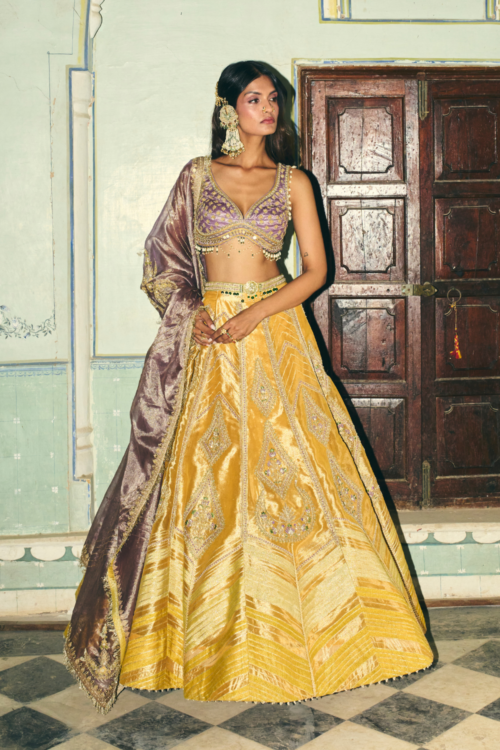 Mustard yellow with lilac tissue dupatta lehenga set - Ready To Ship