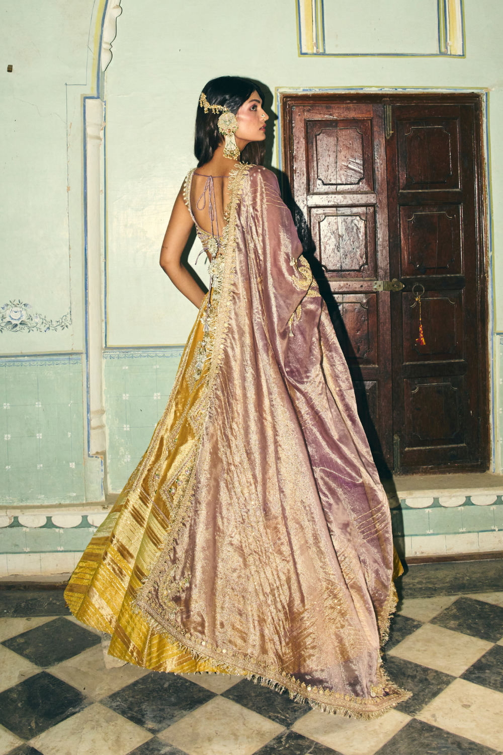 Mustard yellow with lilac tissue dupatta lehenga set - Ready To Ship