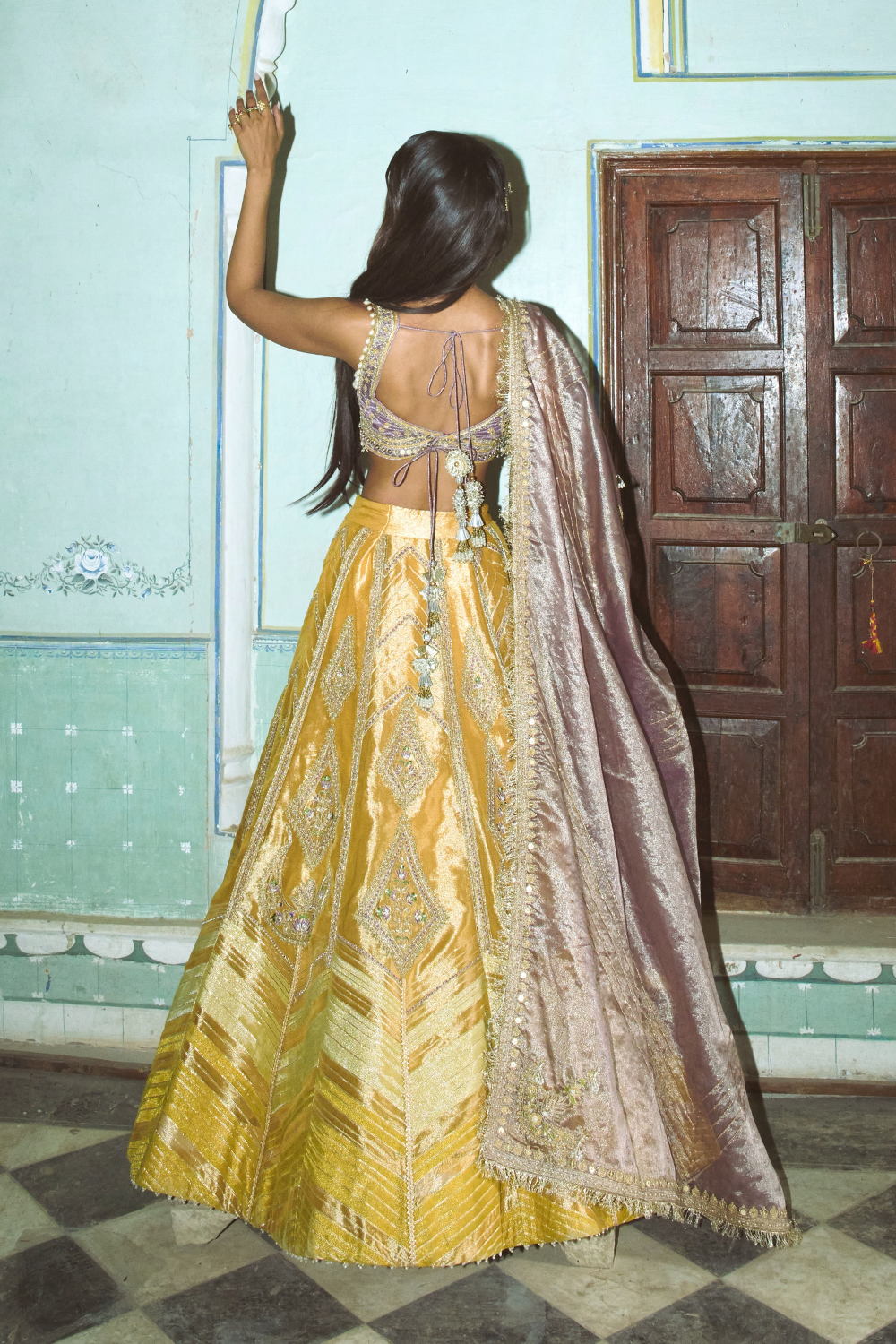 Mustard yellow with lilac tissue dupatta lehenga set - Ready To Ship