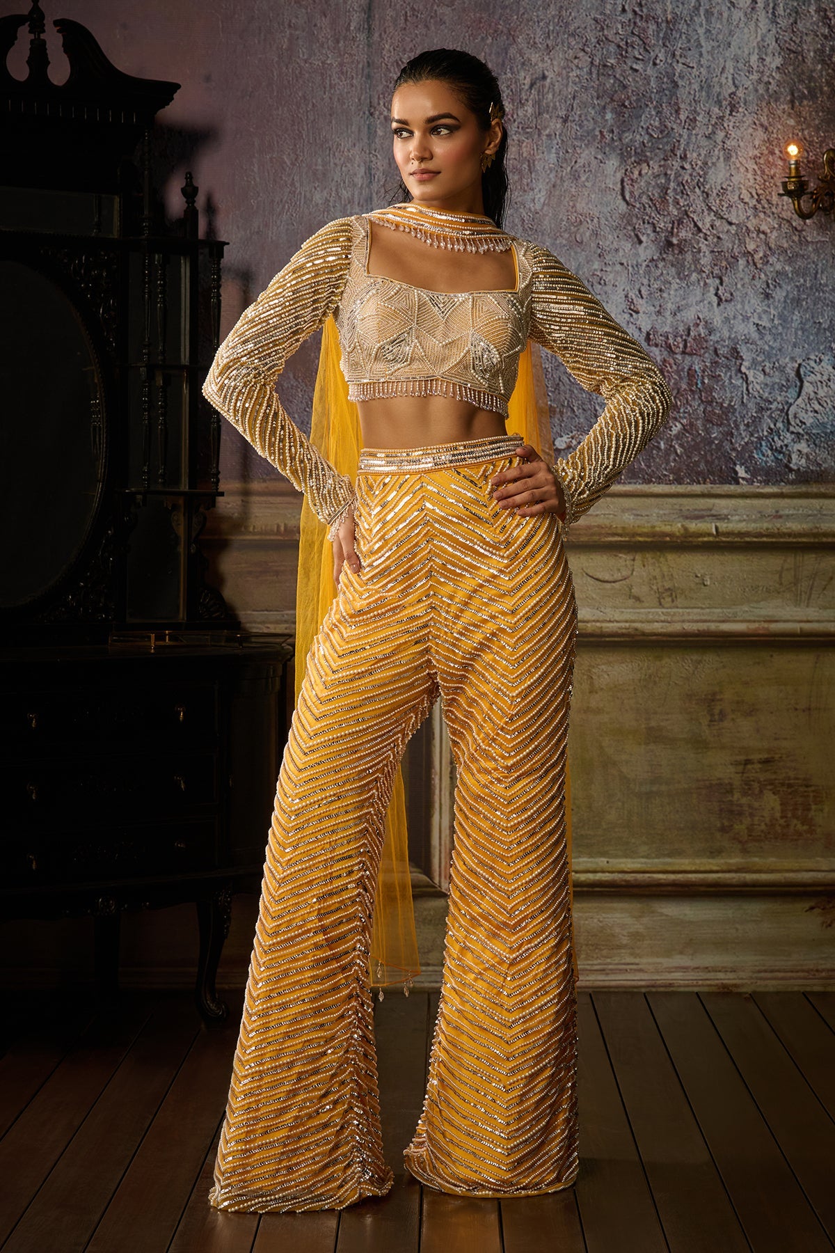 YELLOW FULLY EMBROIDERED BLOUSE, PANT AND CHOKER DUPATTA