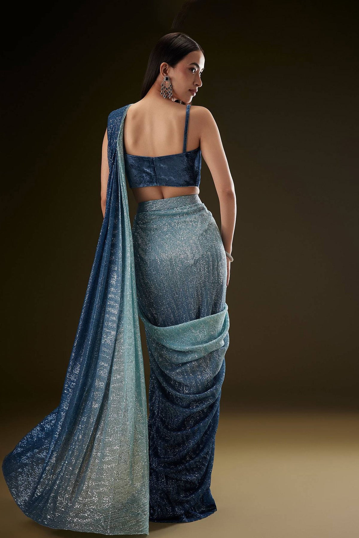 Teal Ombre Sequence Saree With Velvet Blouse - Ready to Ship