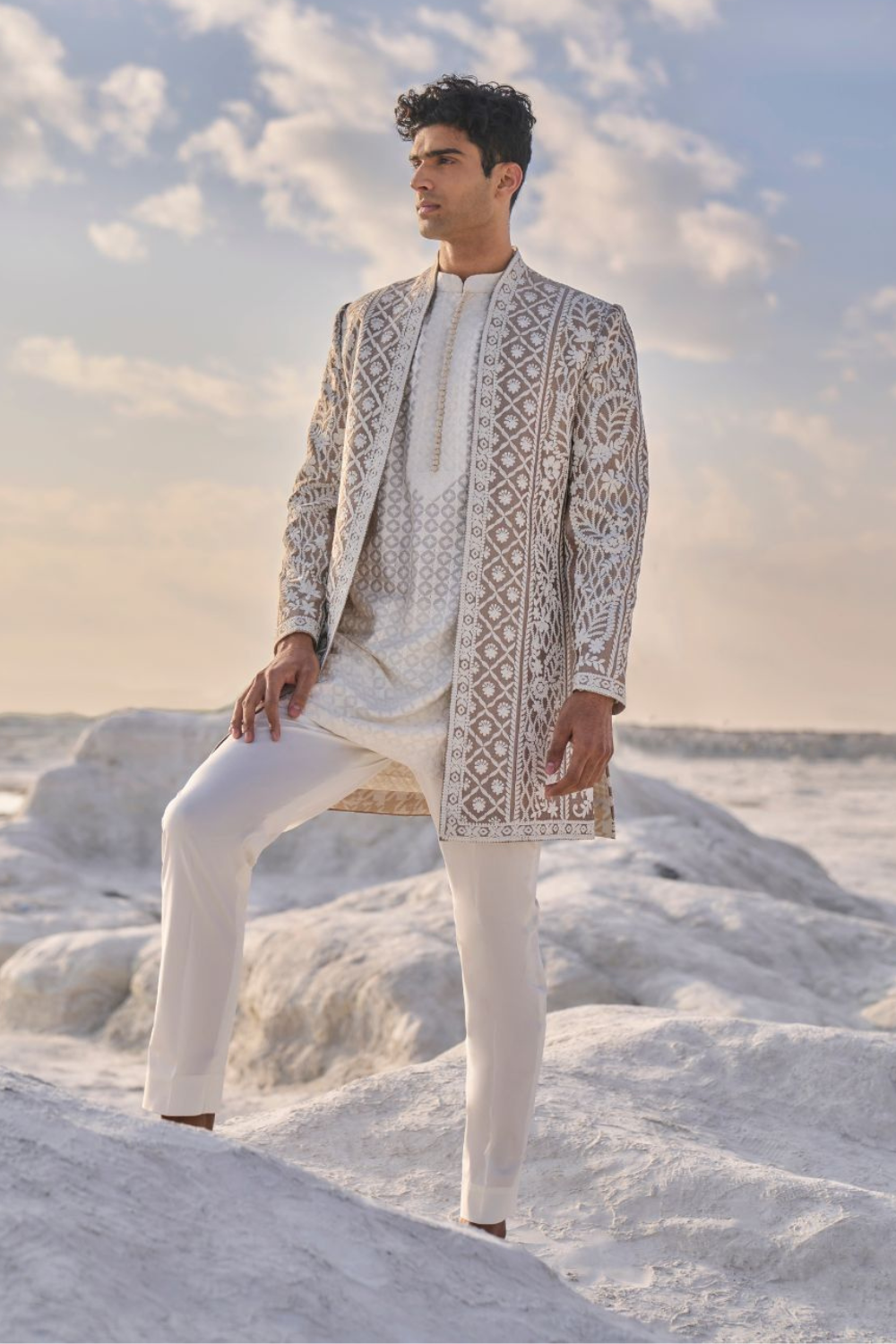 Ishaan Khatter in Nude Cream Open Sherwani Set