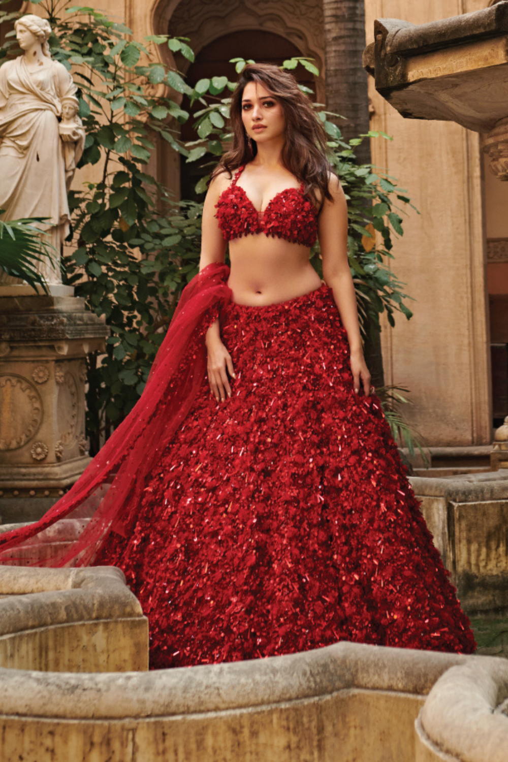 Tamannaah Bhatia in Red Three-Dimensional Lehenga Set