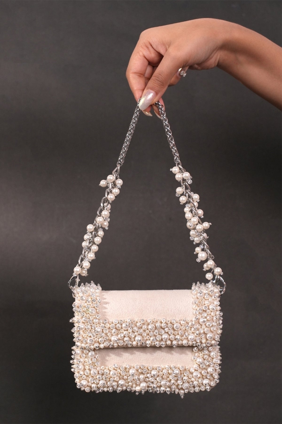 Aliya Ivory Suede Pearl Embellished Mini Bag