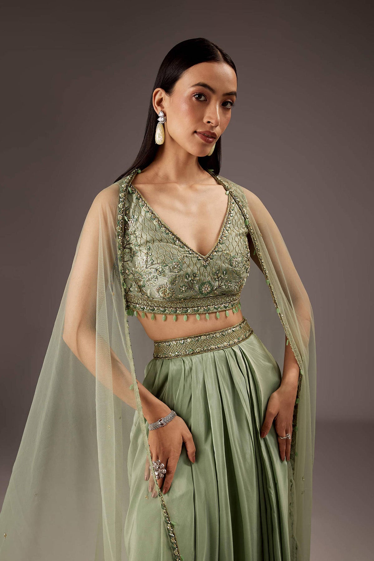 Mint Green Silk Crop Top Skirt With Monotone Embroidery - Ready to Ship