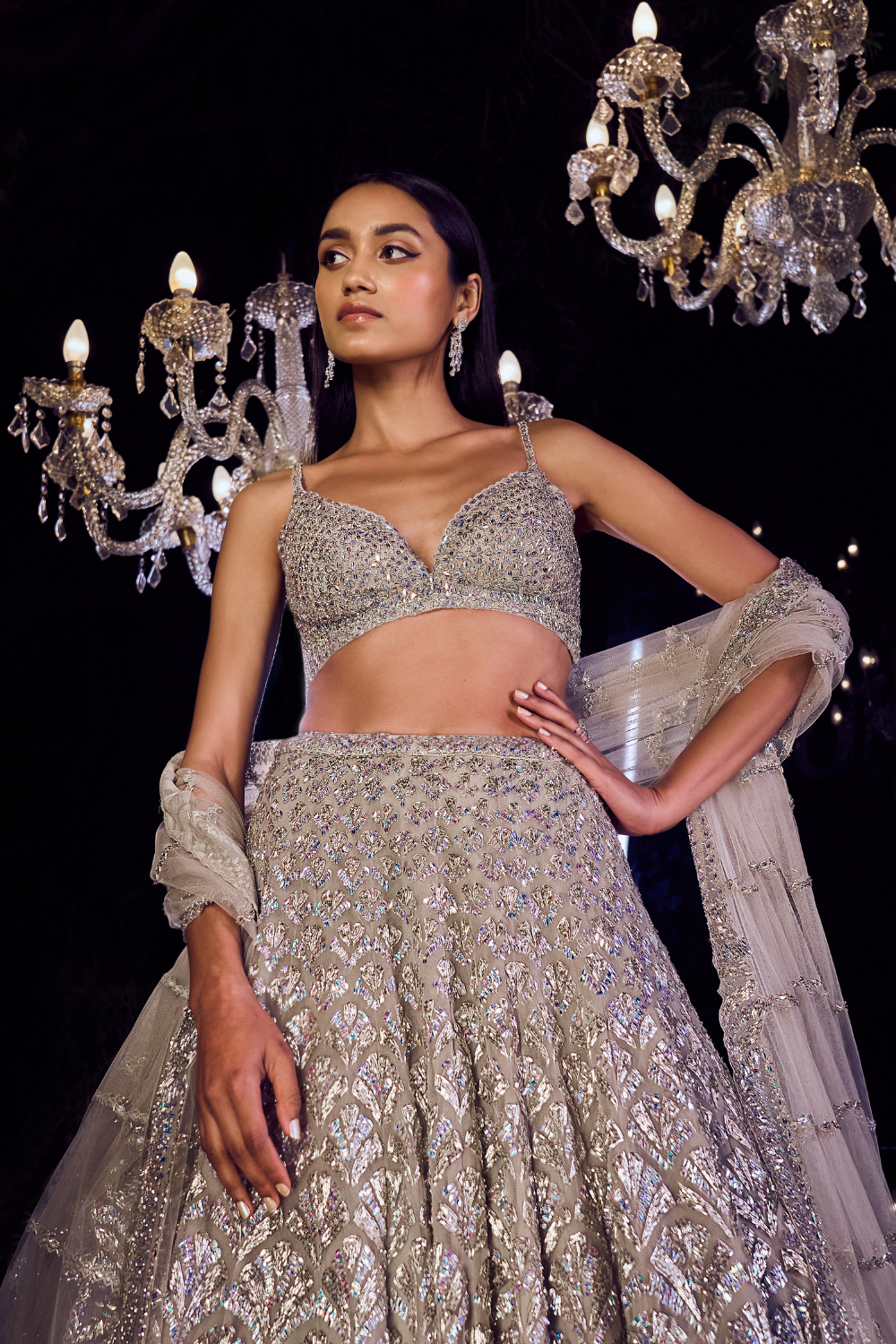 Samiksha Pednekar in Silver Crystal Lehenga Set