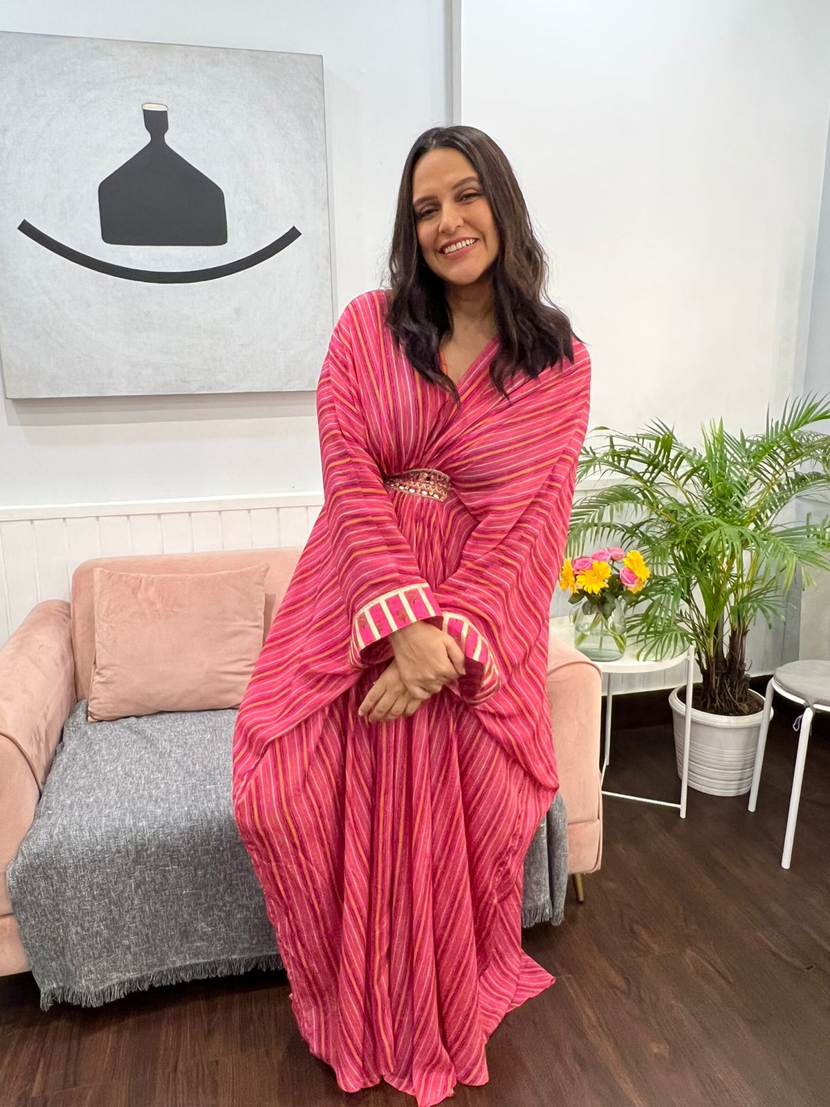 Neha Dhupia in Marigold strip Kaftan Dress