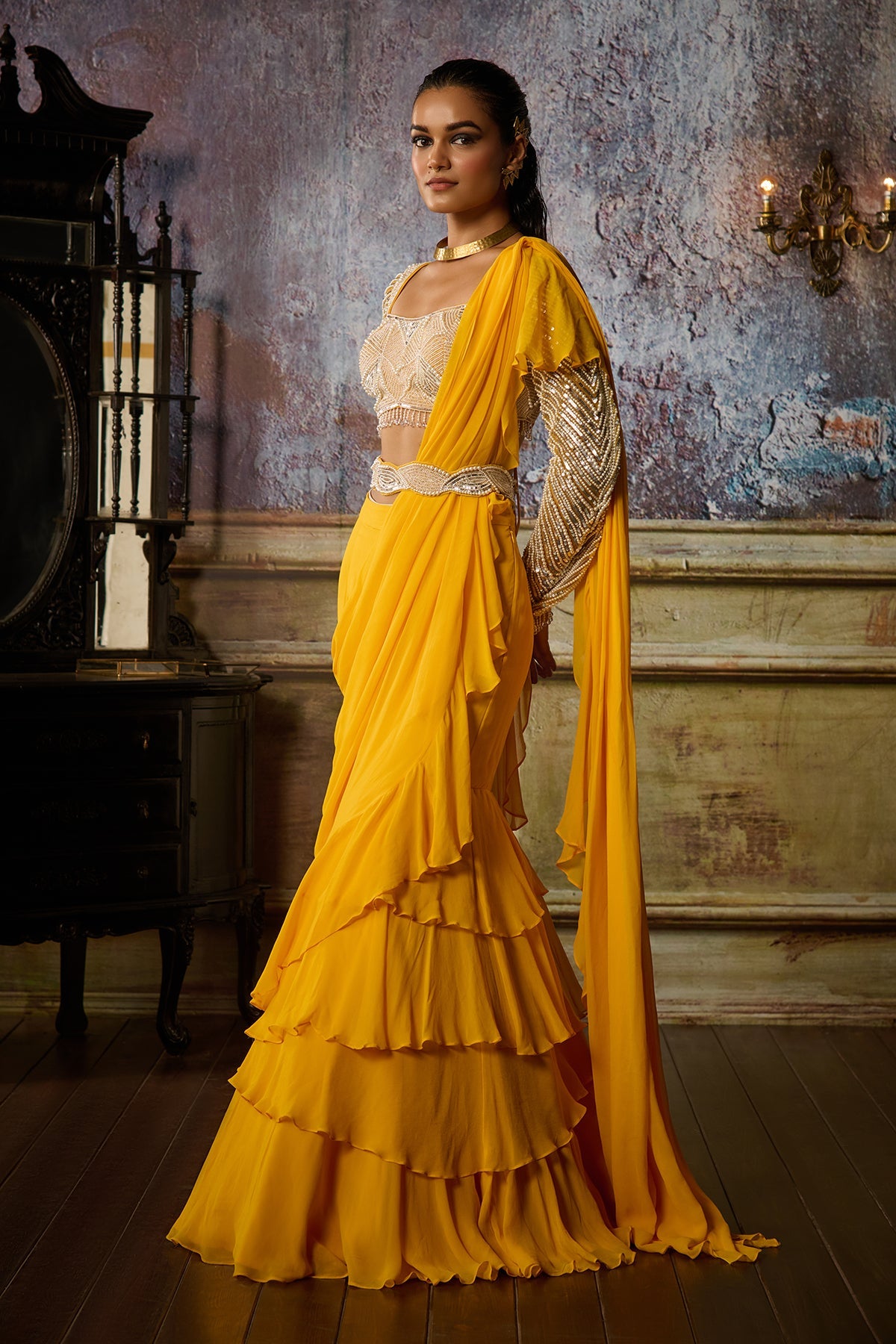 YELLOW EMBROIDERED BLOUSE AND RUFFLE SAREE SET