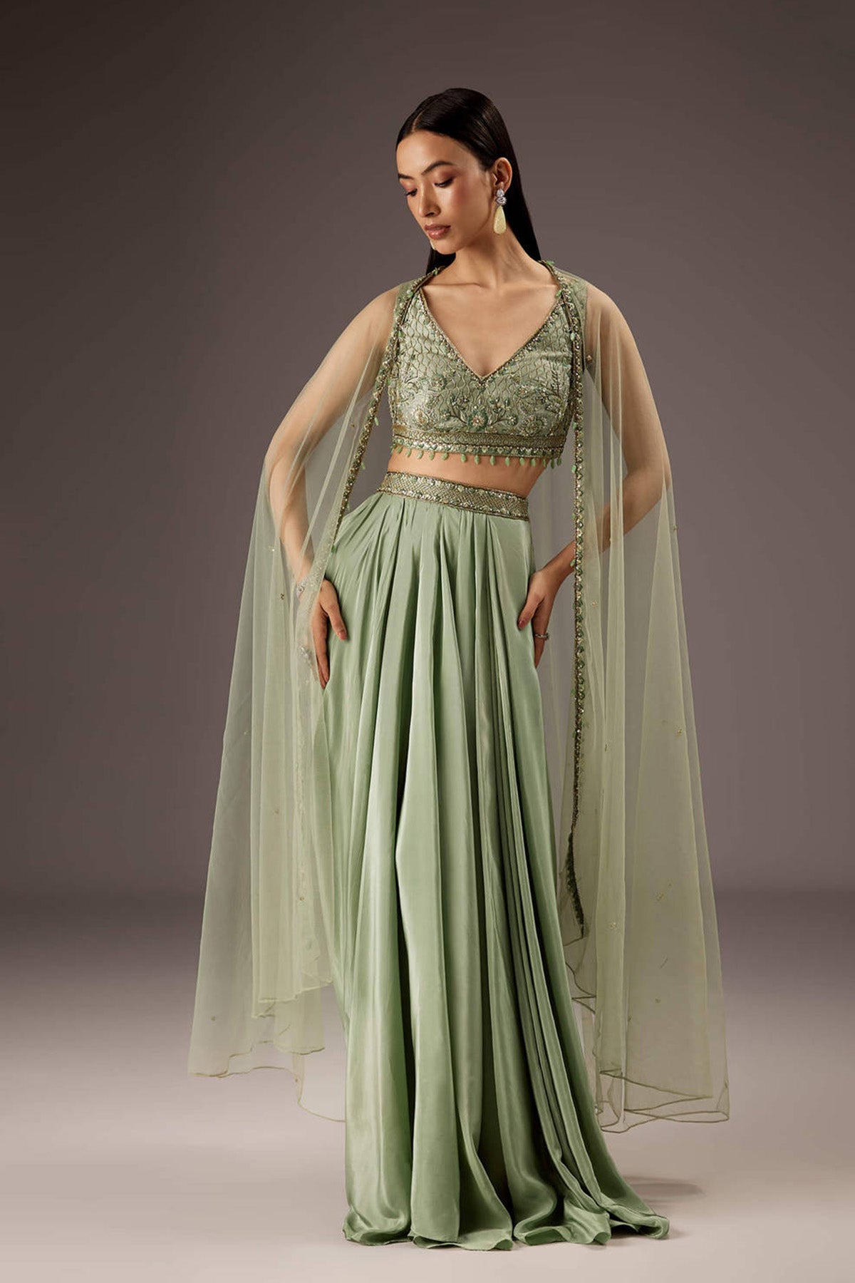 Mint Green Silk Crop Top Skirt With Monotone Embroidery - Ready to Ship