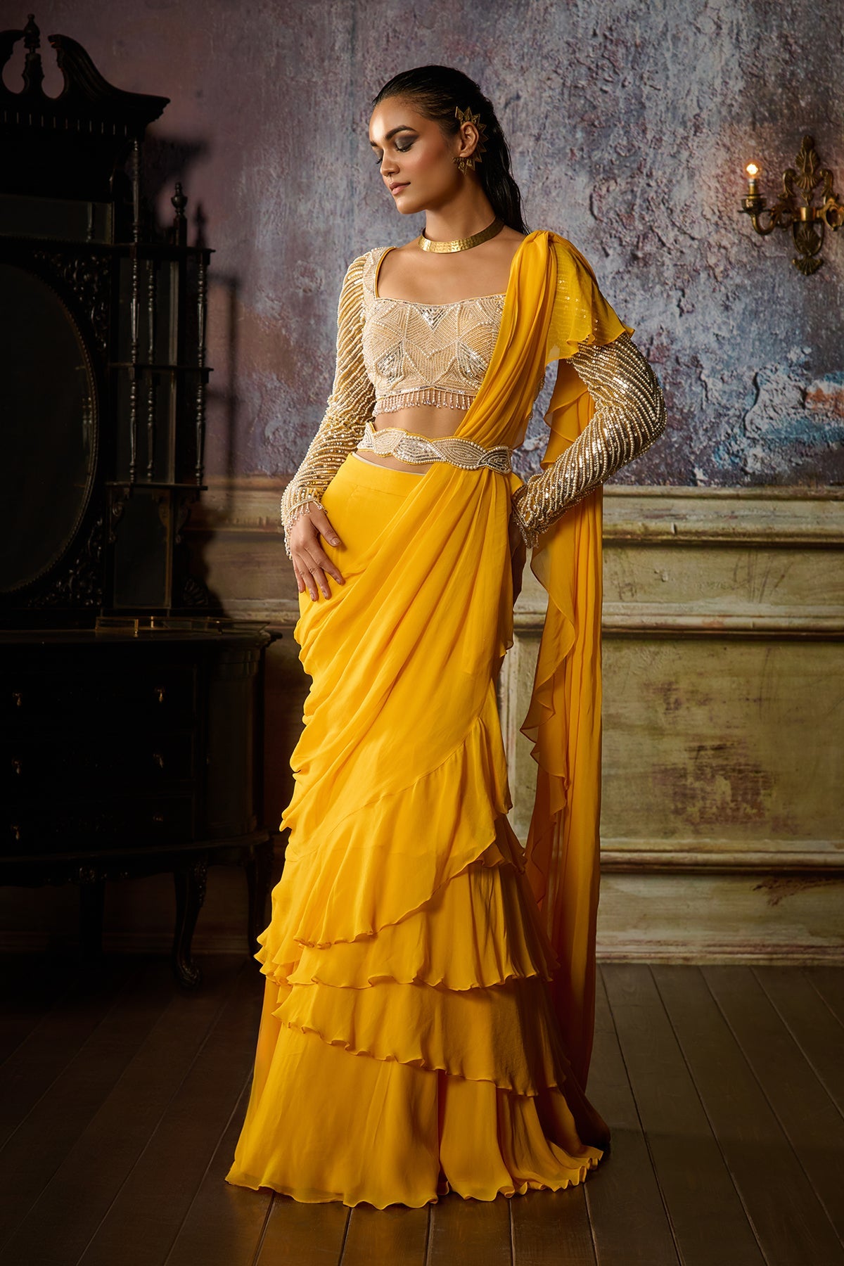 YELLOW EMBROIDERED BLOUSE AND RUFFLE SAREE SET