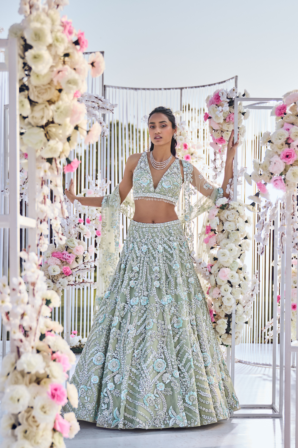 Tea Green Floral Sequin Lehenga Set