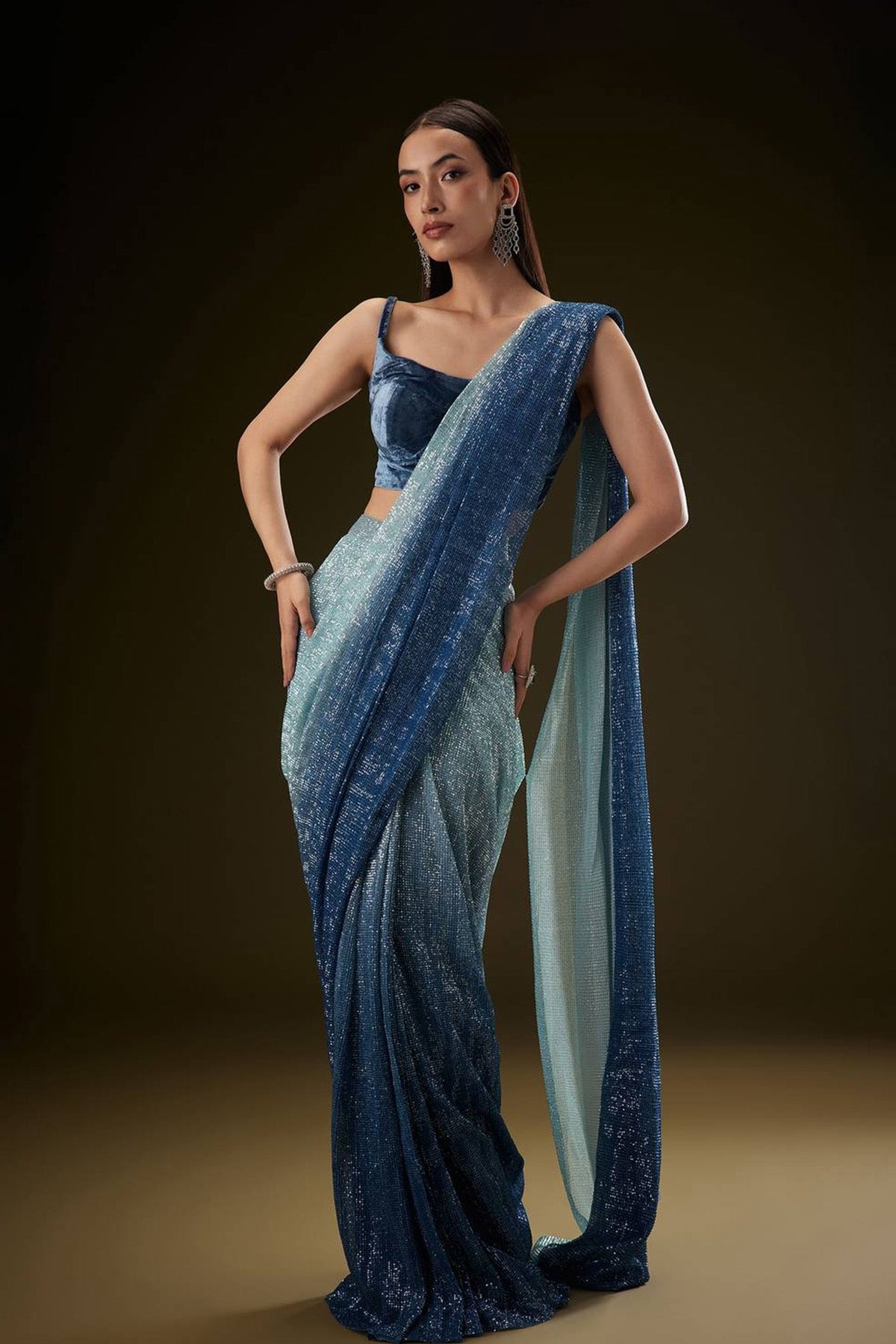 Teal Ombre Sequence Saree With Velvet Blouse - Ready to Ship