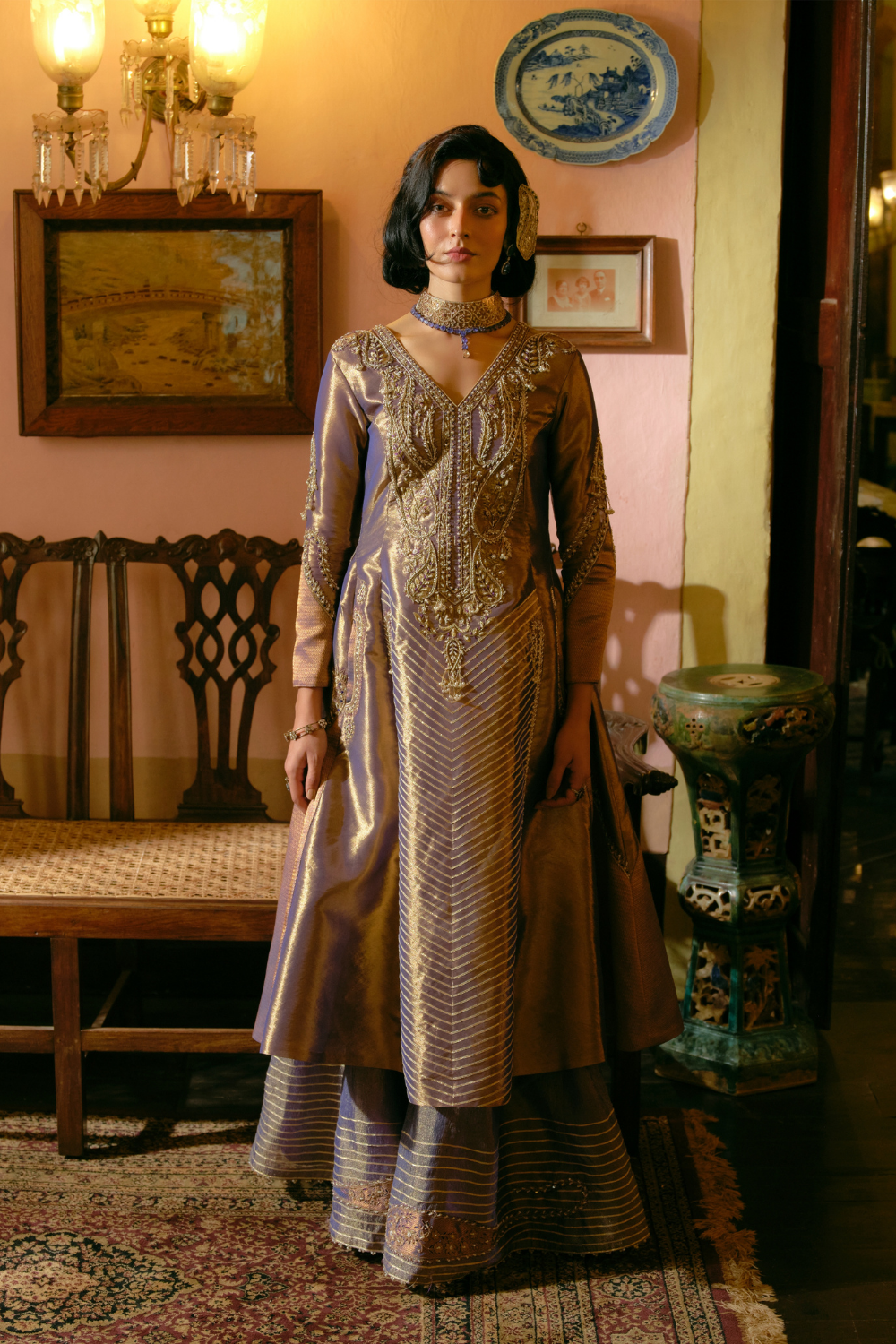 Purple silk zari tissue anarkali with sharara and dupatta set