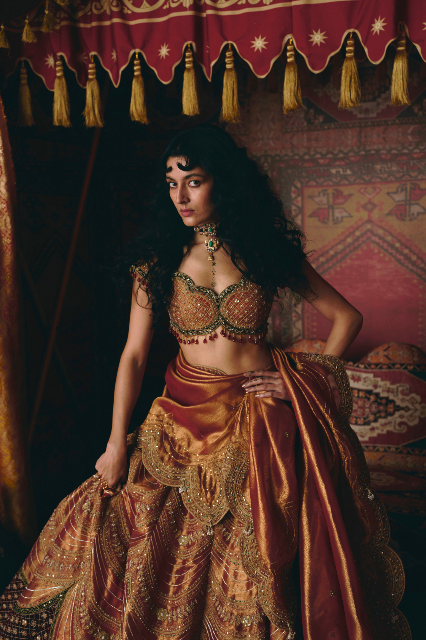 Rust Orange Pure Tissue and Maroon Velvet Lehenga Set - Ready To Ship