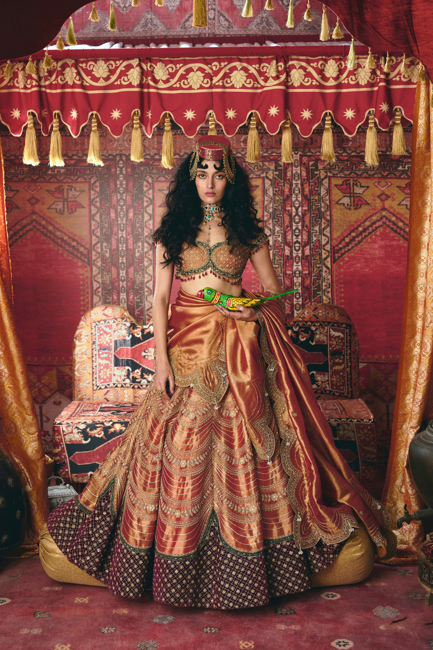 Rust Orange Pure Tissue and Maroon Velvet Lehenga Set - Ready To Ship