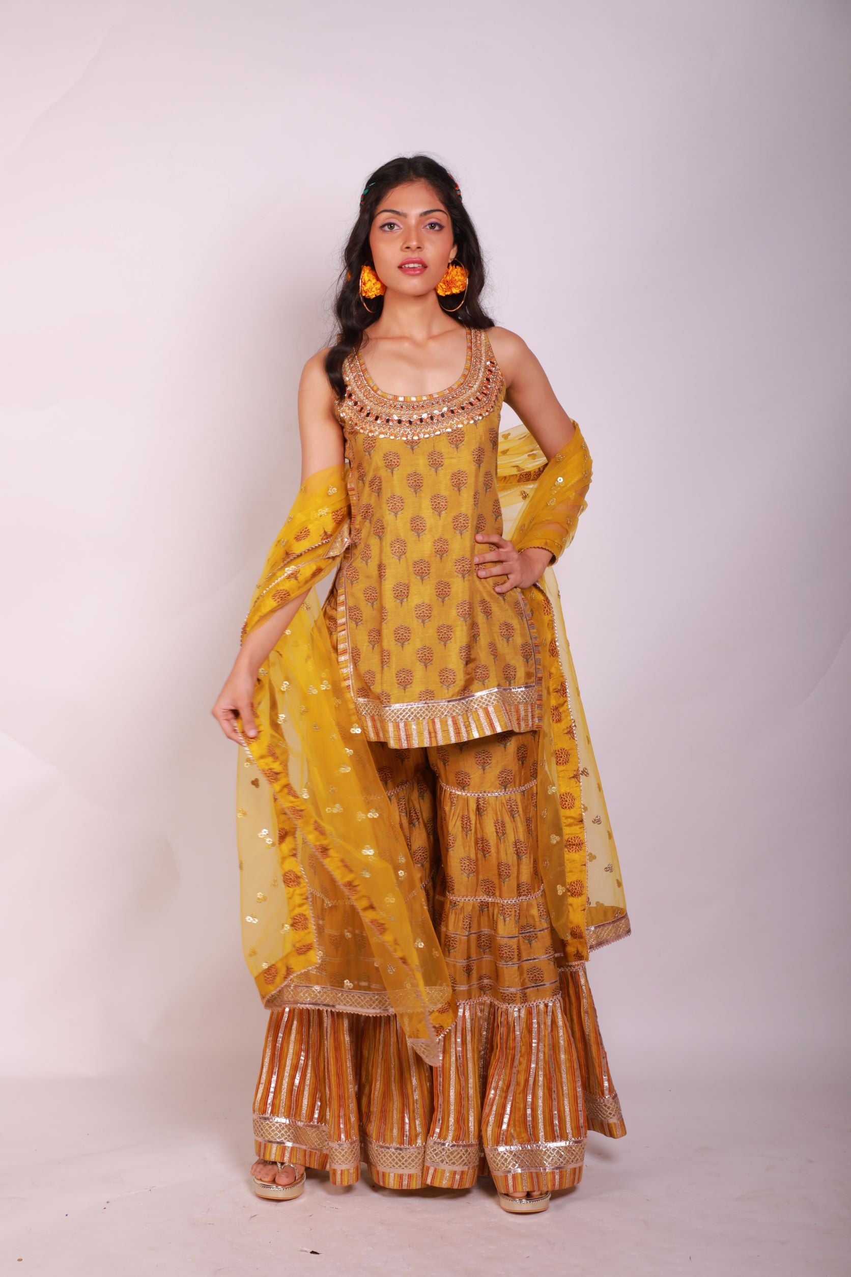 Marigold Buti Sleeveless Sharara Set