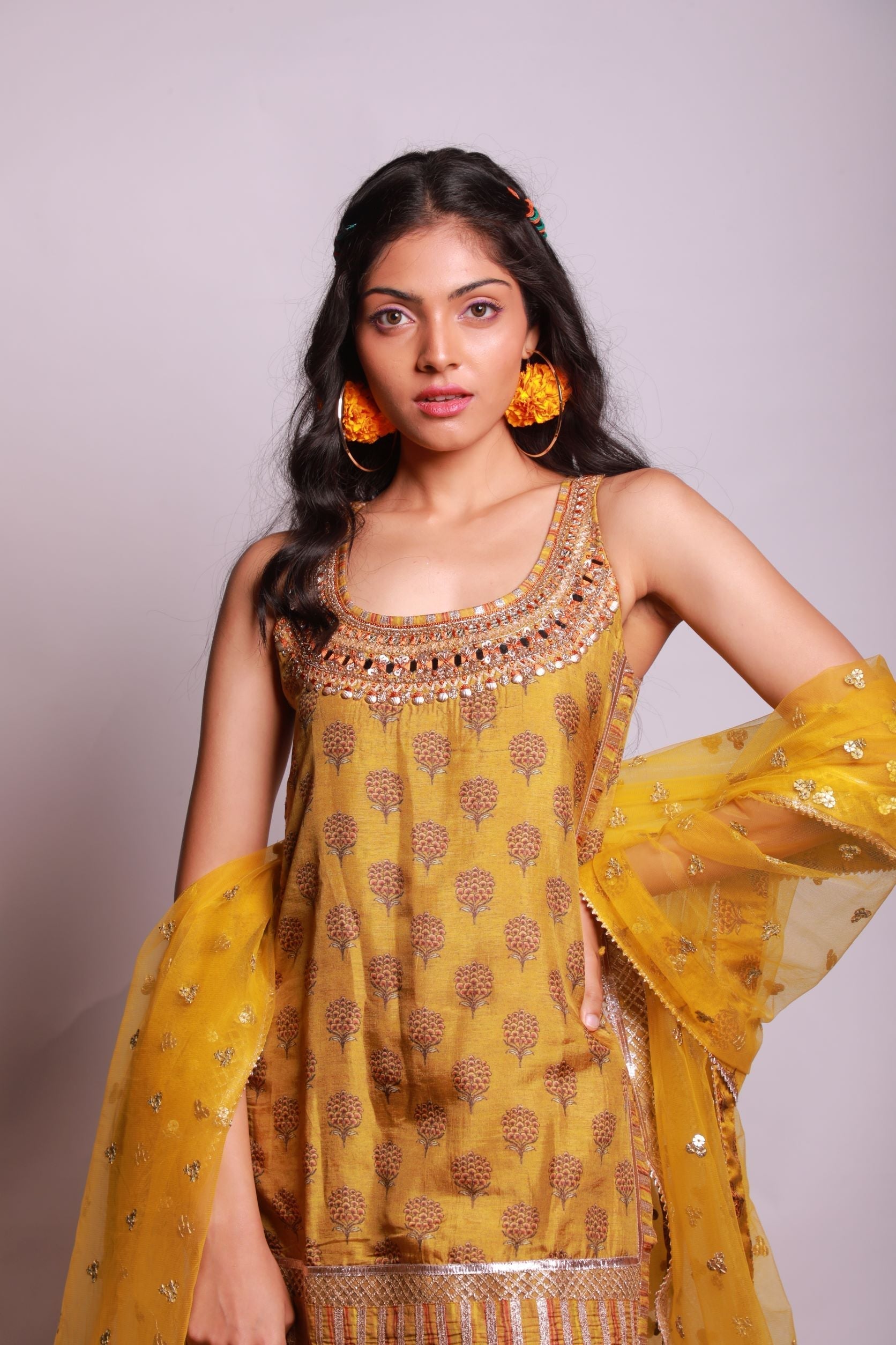 Marigold Buti Sleeveless Sharara Set