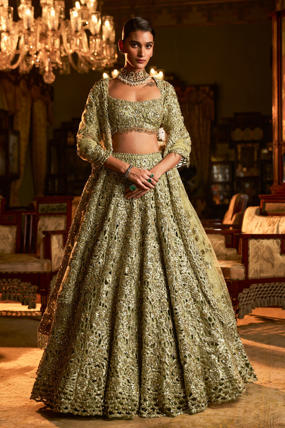 Sage Green Cut Work Lehenga Set