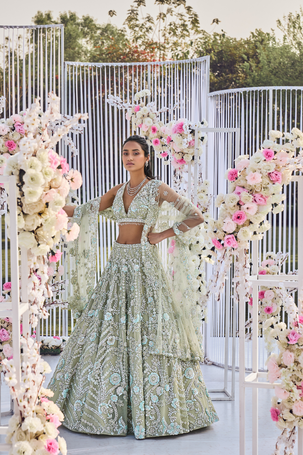 Tea Green Floral Sequin Lehenga Set