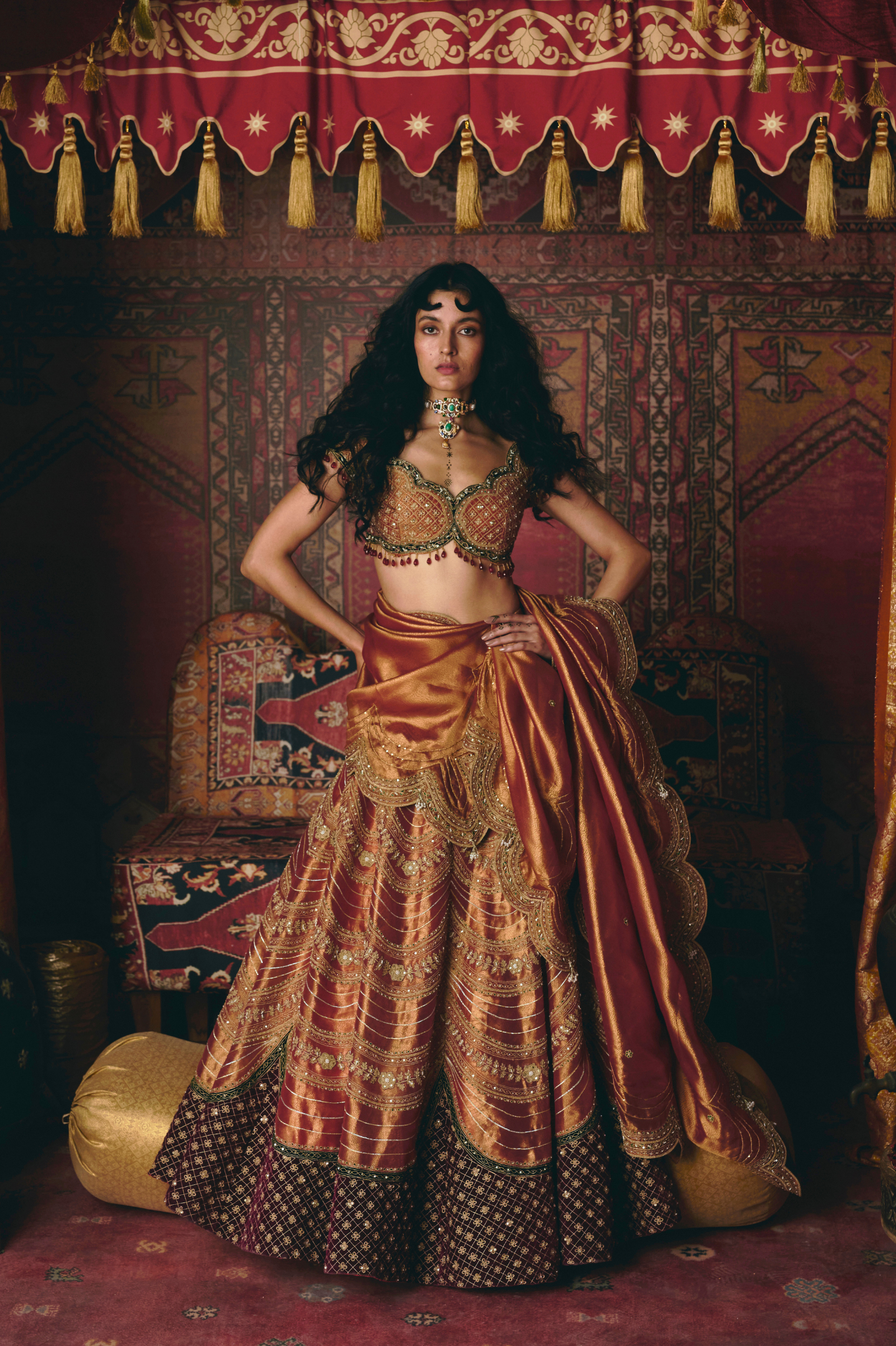 Rust Orange Pure Tissue and Maroon Velvet Lehenga Set - Ready To Ship
