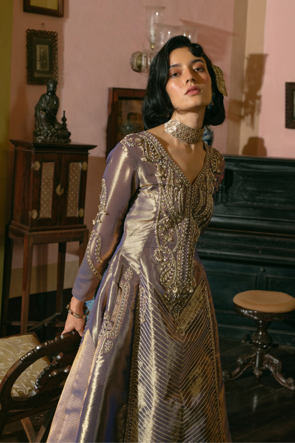 Purple silk zari tissue anarkali with sharara and dupatta set