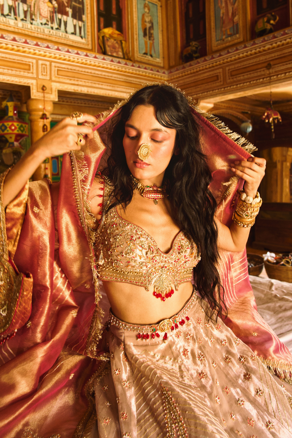 Rose Gold Puri Zari Tissue Lehenga Set - Ready To Ship