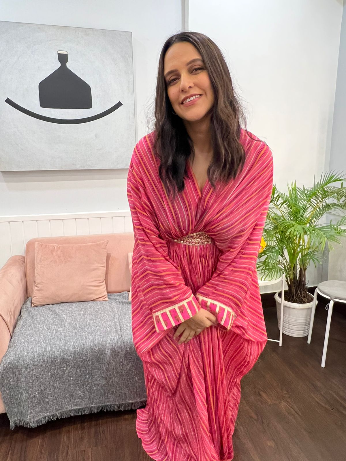 Neha Dhupia in Marigold strip Kaftan Dress