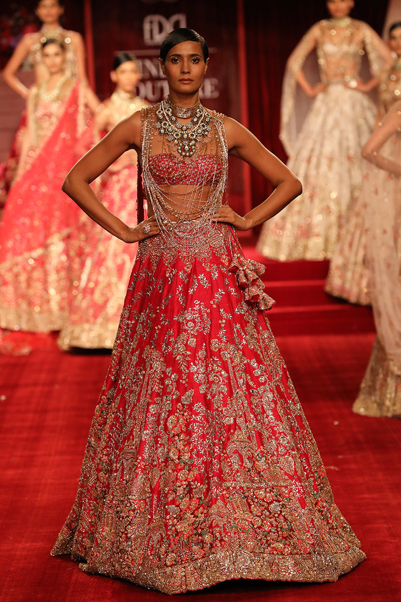 Etta Carmine Red Floral Garden Bridal Lehenga Set - Ready to Ship