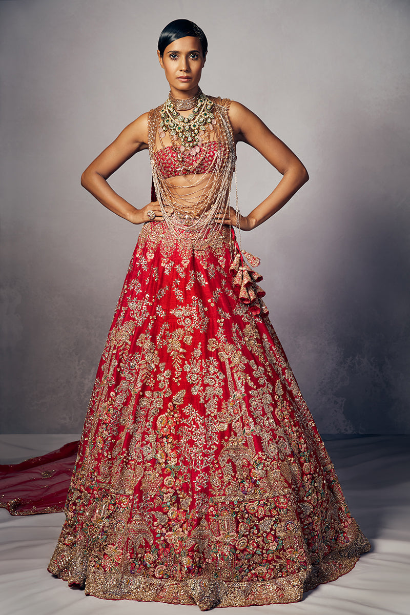 Etta Carmine Red Floral Garden Bridal Lehenga Set - Ready to Ship