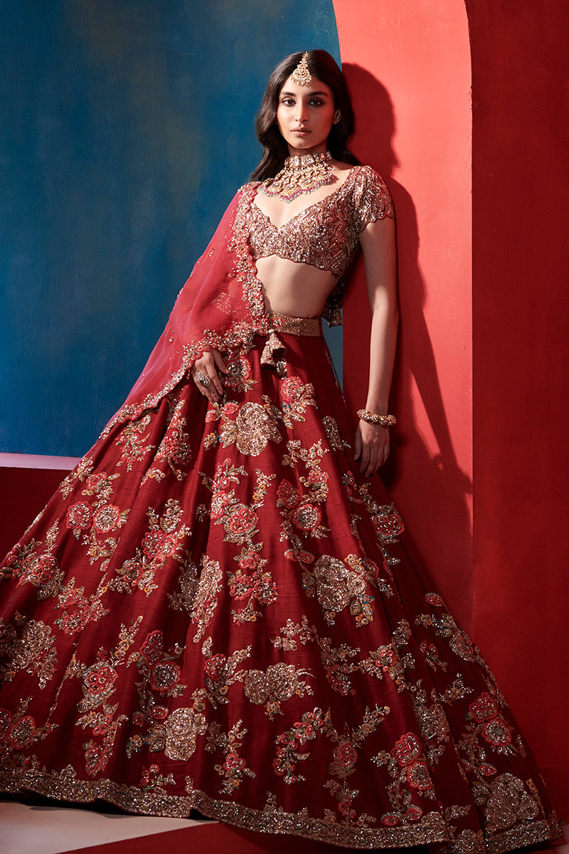 Leia Burgundy Big Floral Jaal Bridal Lehenga Set