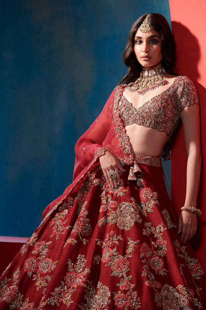 “ Leia “ Burgundy Big Floral Jaal Bridal Lehenga Set