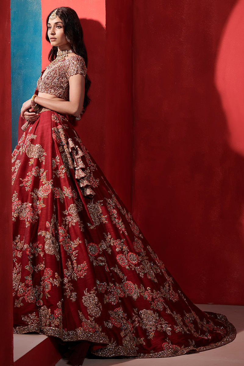 Leia Burgundy Big Floral Jaal Bridal Lehenga Set