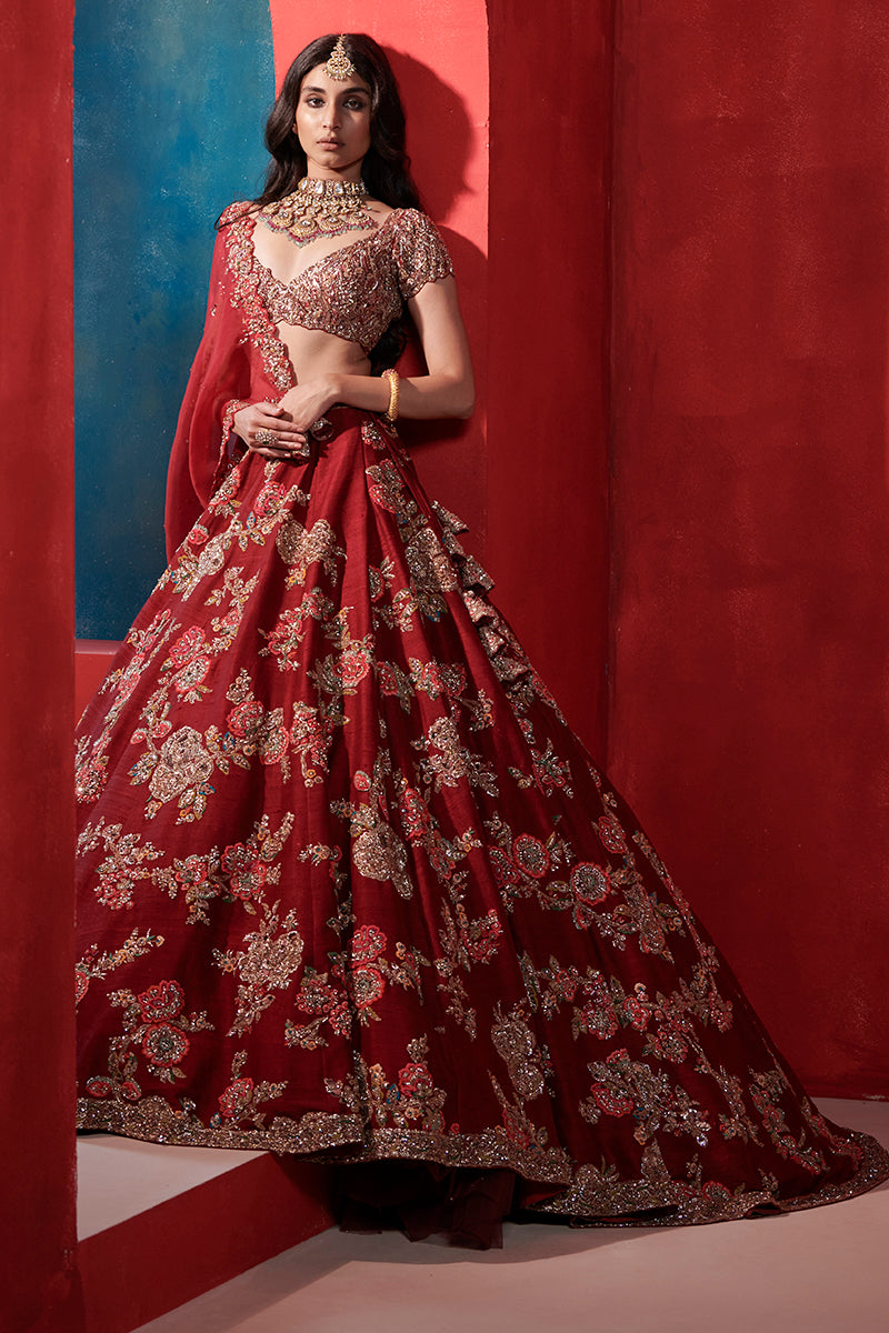 Leia Burgundy Big Floral Jaal Bridal Lehenga Set