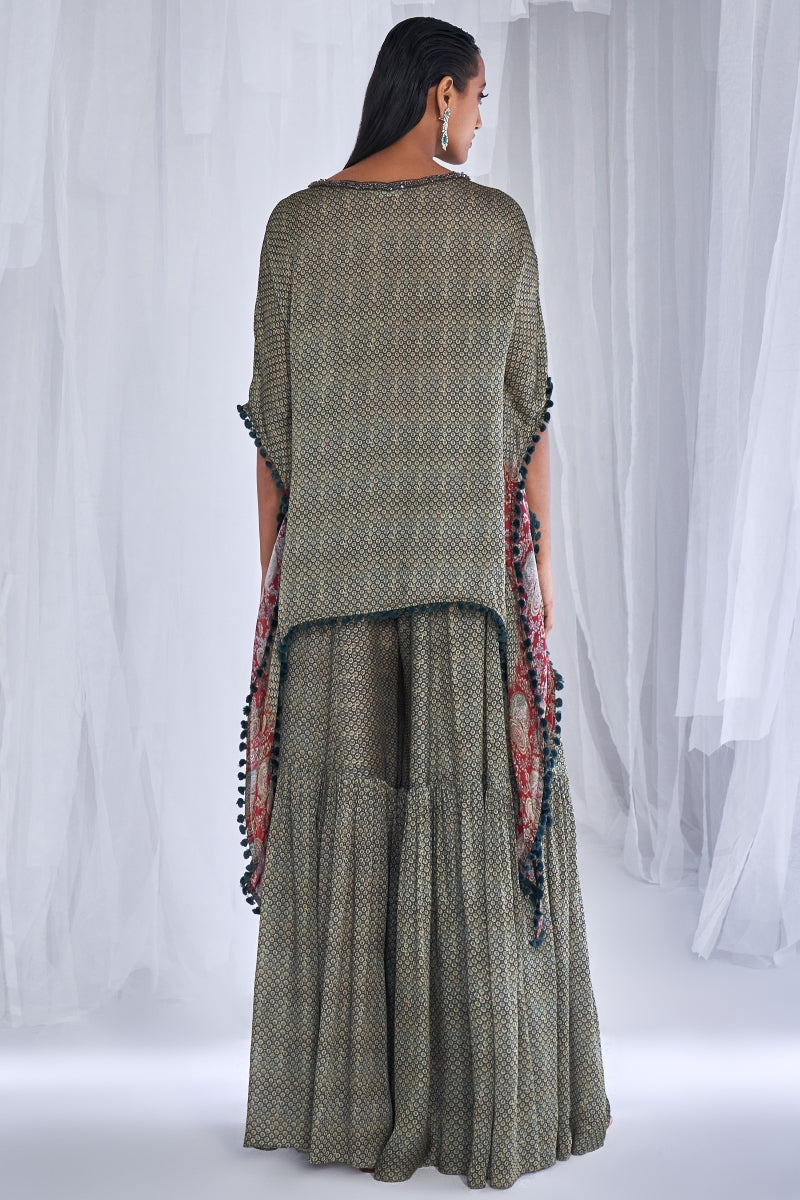 Dew Drop Printed Chiffon Kaftan And Sharara Set