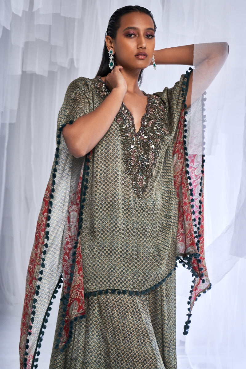 Dew Drop Printed Chiffon Kaftan And Sharara Set