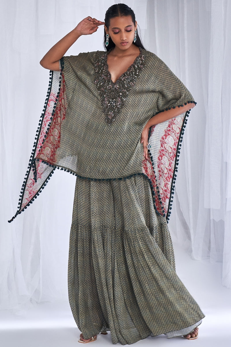 Dew Drop Printed Chiffon Kaftan And Sharara Set