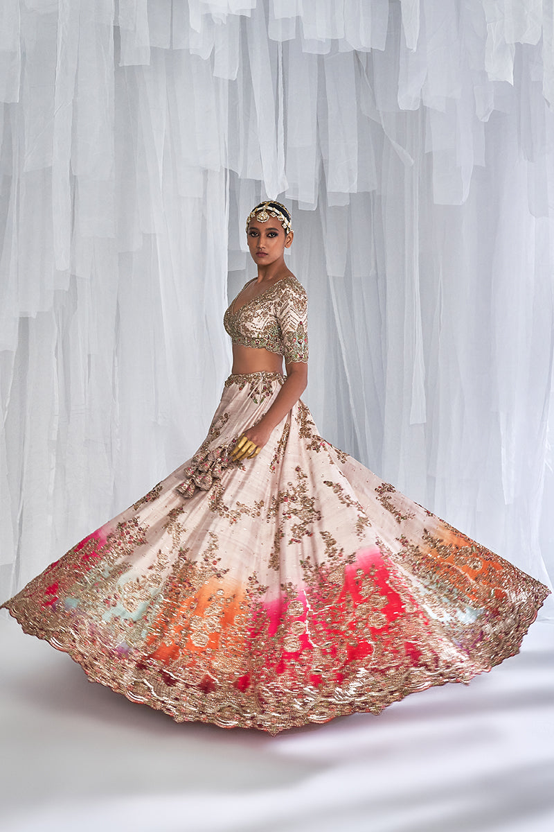 Jasmine Beige Ombre Raw Silk Bridal Lehenga Set