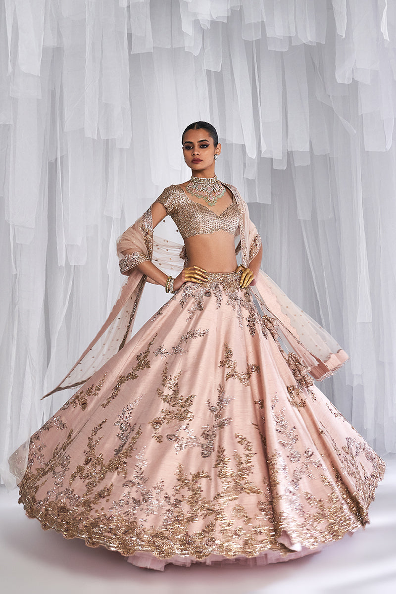 Posey Peach Raw Silk Bridal Lehenga Set