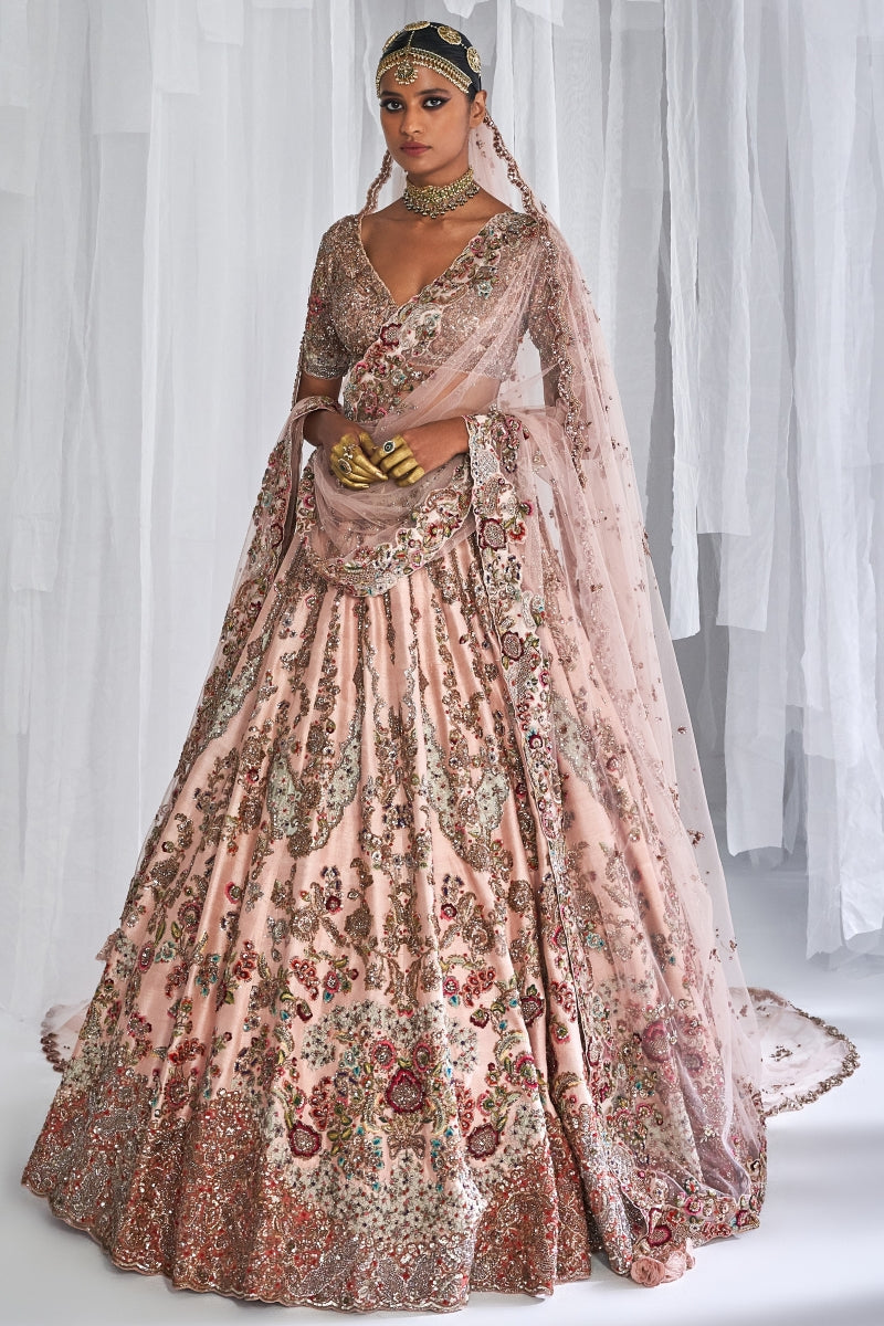 Lillian Champagne Pink Raw Silk Bridal Lehenga Set