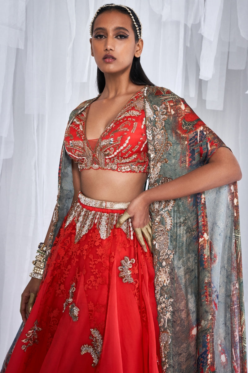 Jazz Silk Organza Lehenga With A Satin Cape