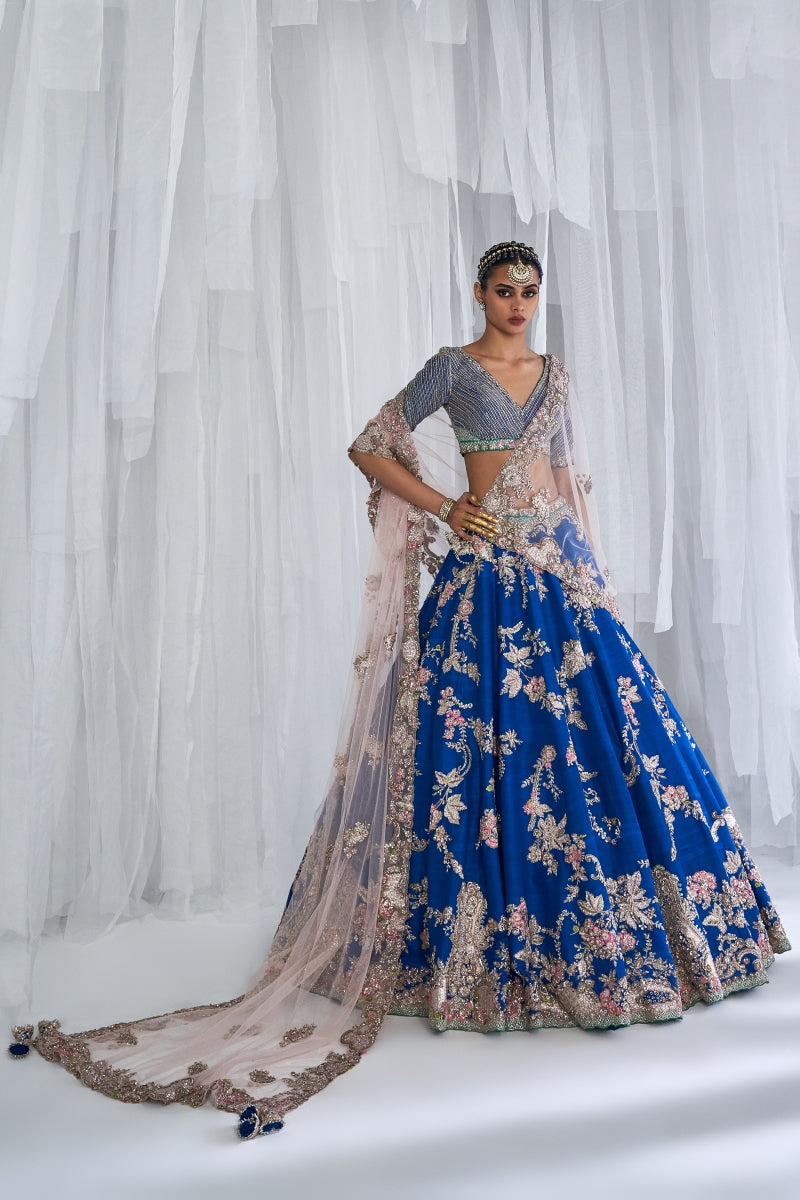 Daffodil Blue Raw Silk Bridal Lehenga Set