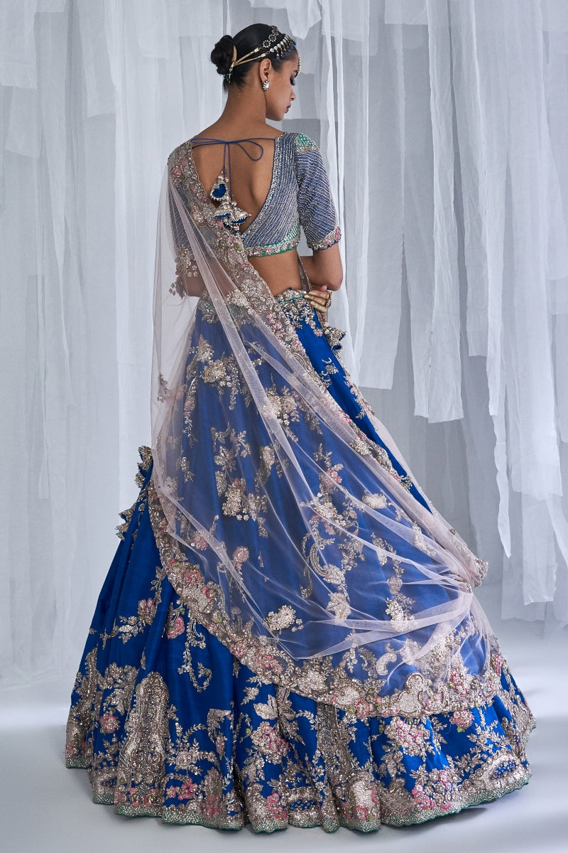 Daffodil Blue Raw Silk Bridal Lehenga Set