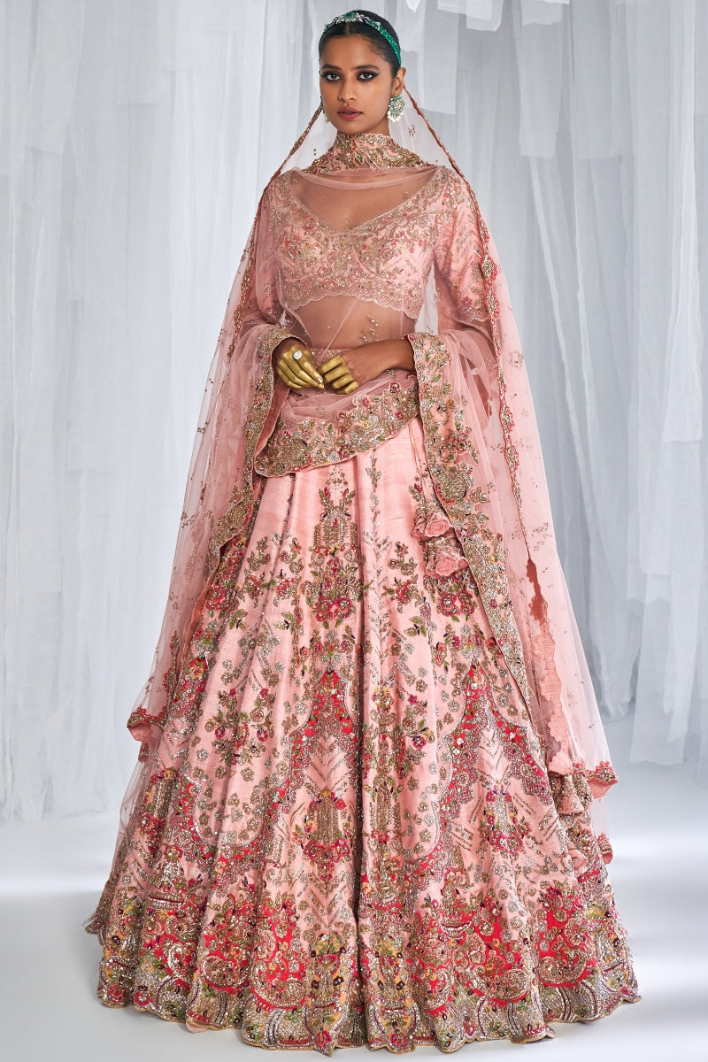 Hazel Peachy Pink Raw Silk Bridal Lehenga Set