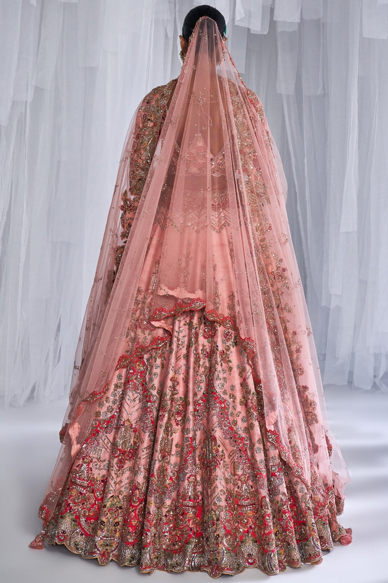 Hazel Peachy Pink Raw Silk Bridal Lehenga Set