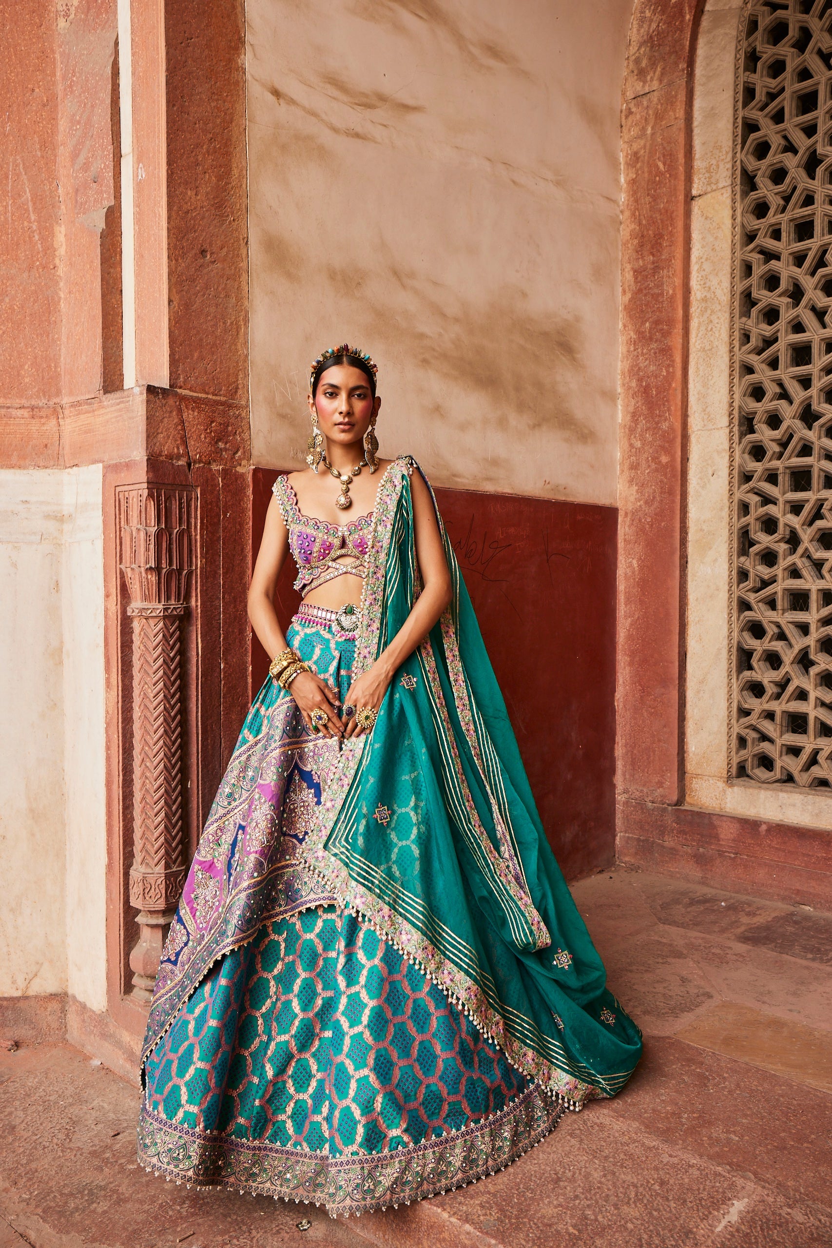 Teal Bandhani Banarasi Woven Lehenga