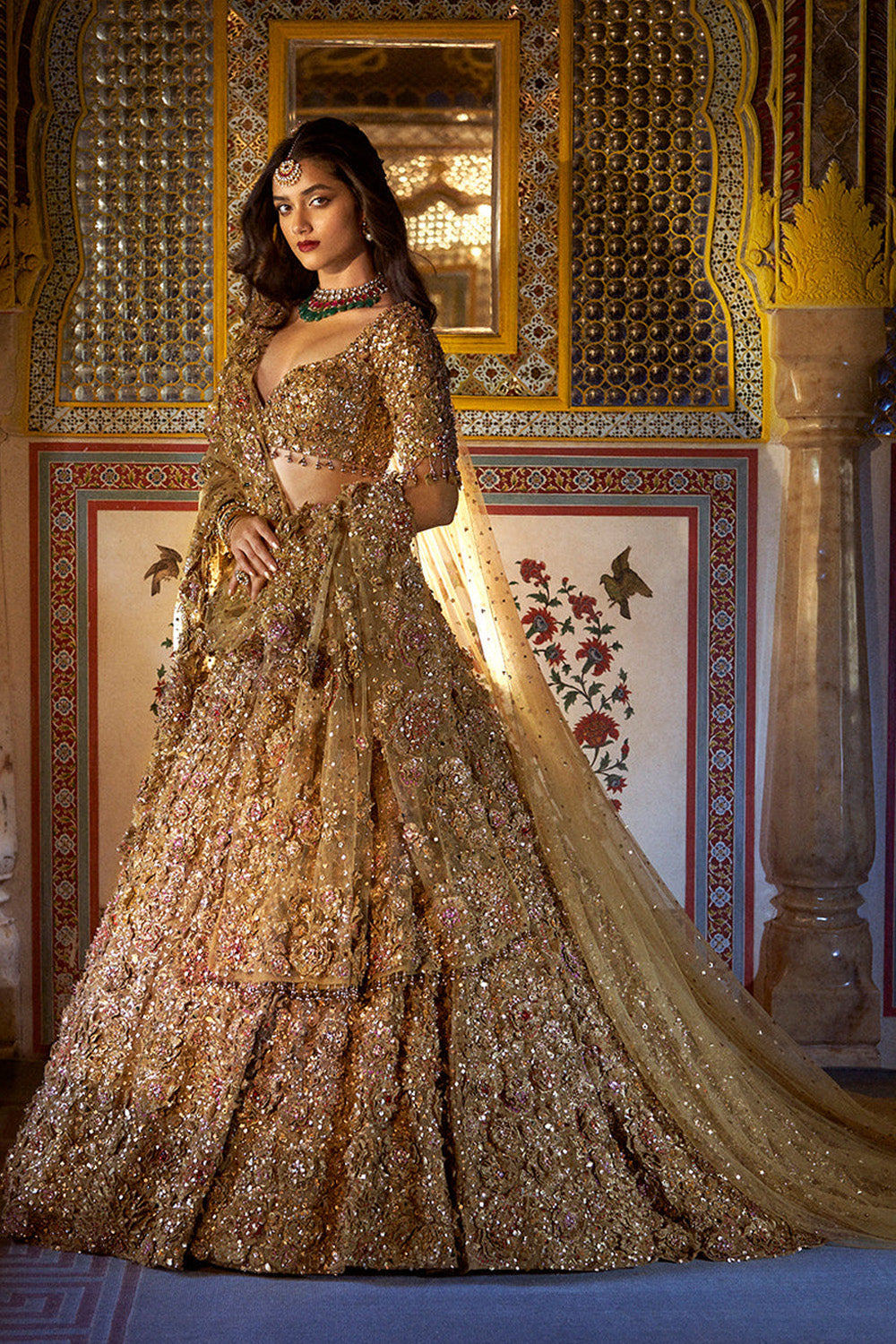 Gold Three-Dimensional Jewel Lehenga Set