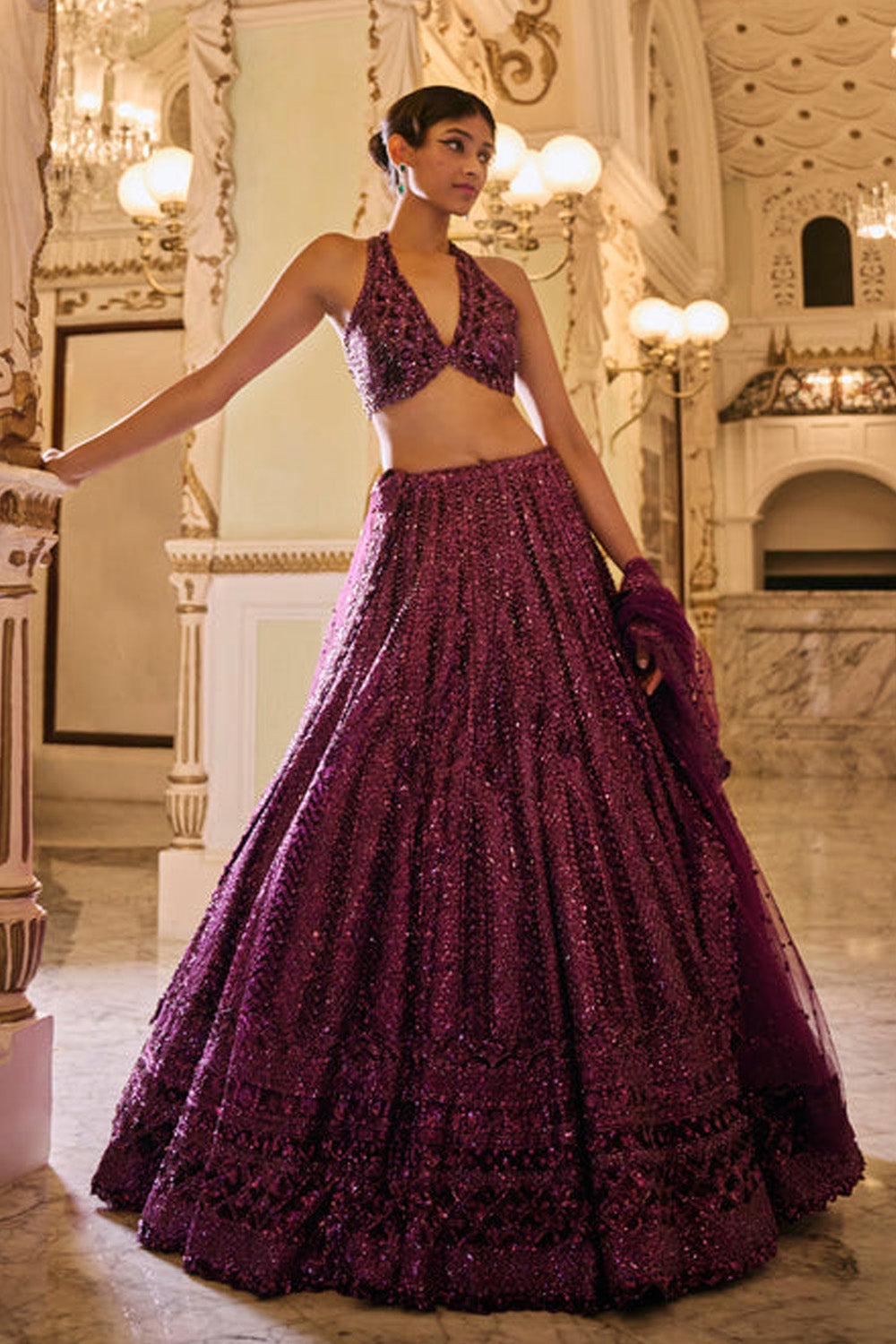 Pooja Hegde in Burgundy Sequin Lehenga Set