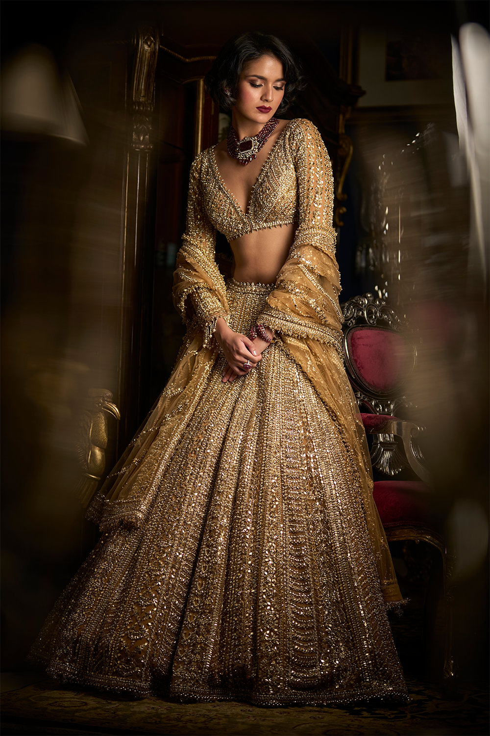 Gold Beaded Lehenga Set