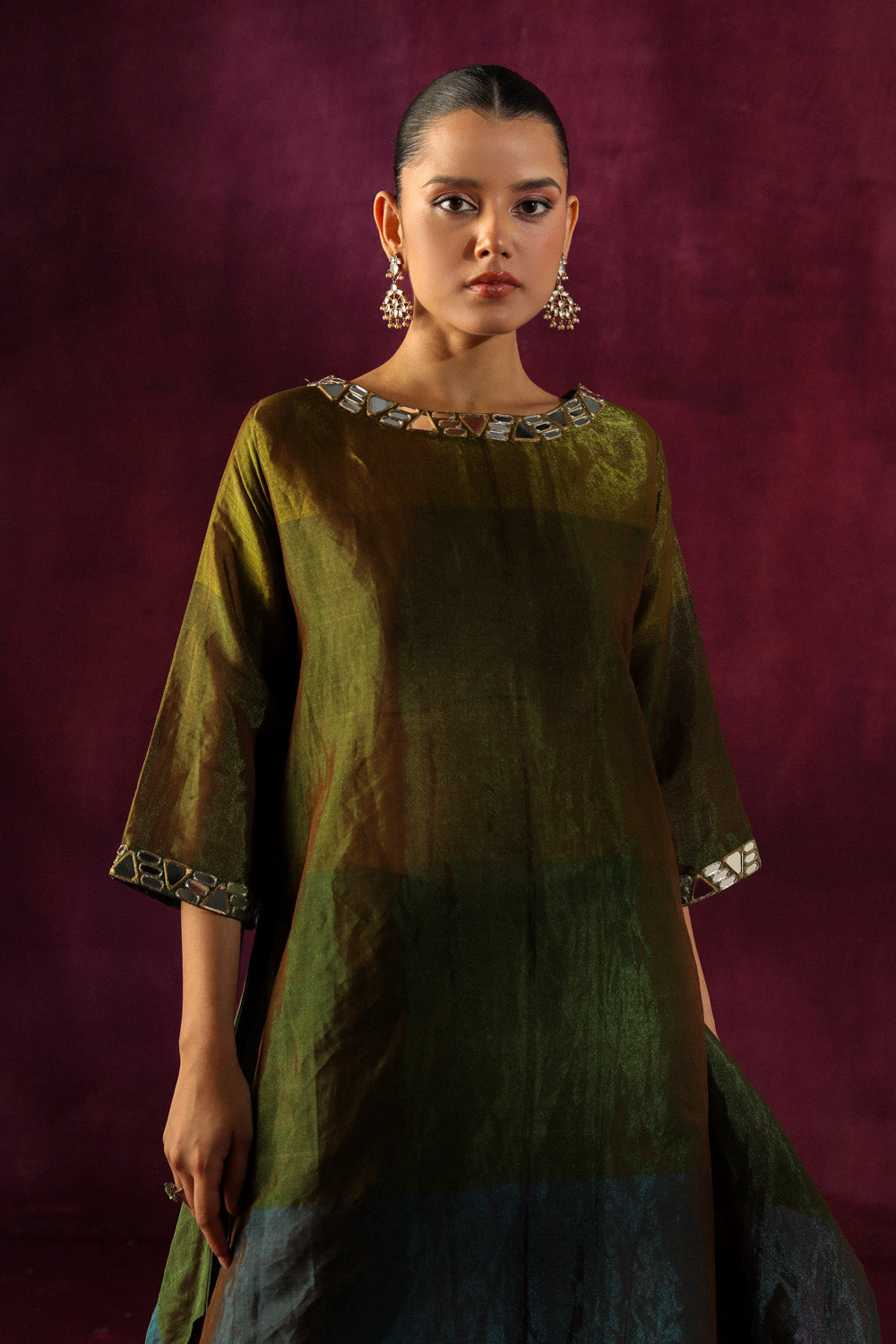 Mirror Embellished Asym Tissue Kurta with Asym High Waist Pants Set