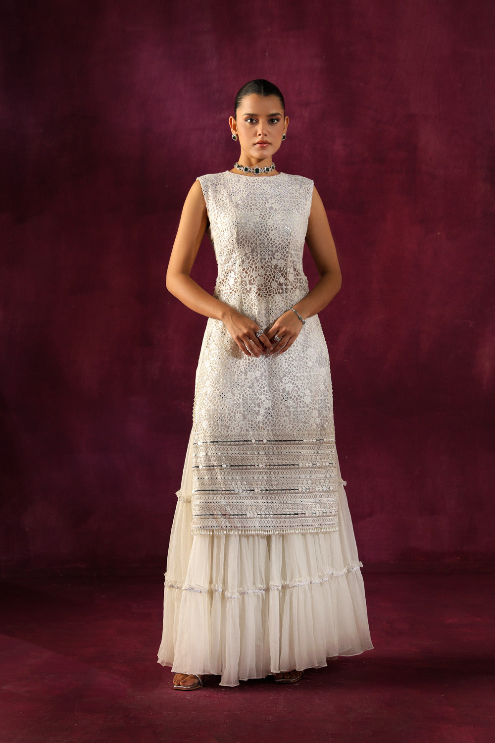 Embellished Layered Shararas in Crinkled Chiffon